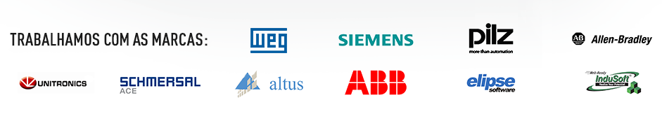 Marcas que trabalhamos: Weg, Siemens, Pilz, Allen-Bradley, Unitronics, Schmersal Ace, Altus, ABB, Elipse software e InduSoft
